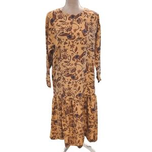 Vtg Outback Red Bird Floral Print Drop Waist Pheasant Bird Midi Dress Medium